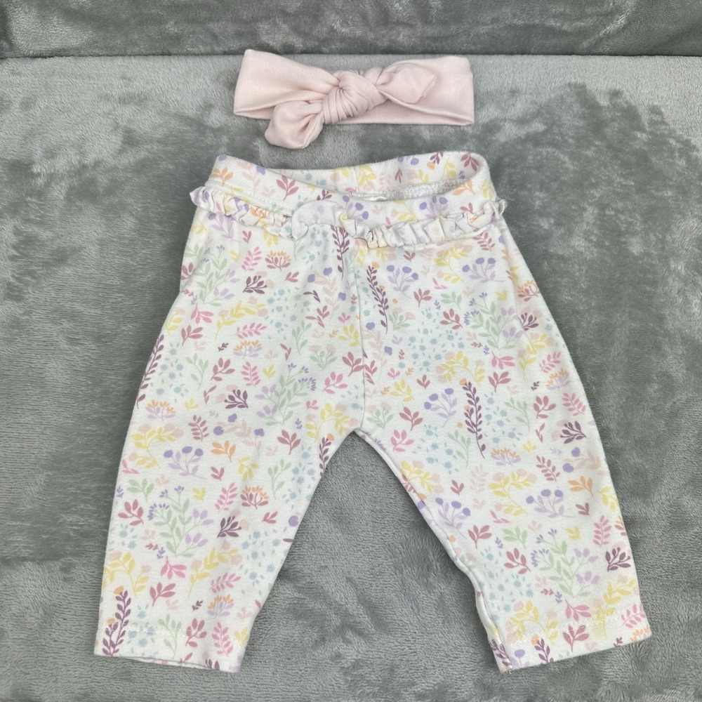 Bundles Baby Place Set Of 2 Pants Headband Girls 0-3 Months Pink Purple Floral